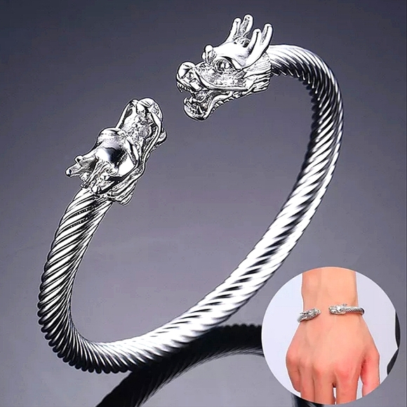 Dragon Viking Sterling Silver Plated Stainless Steel Bangle Cuff Bracelet - Picture 2 of 16